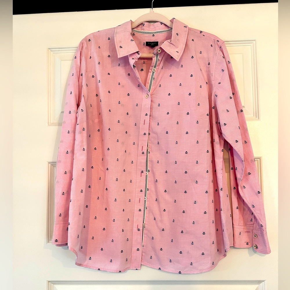 Talbots Anchor Embroidered Button Down Shirt Pink 1X